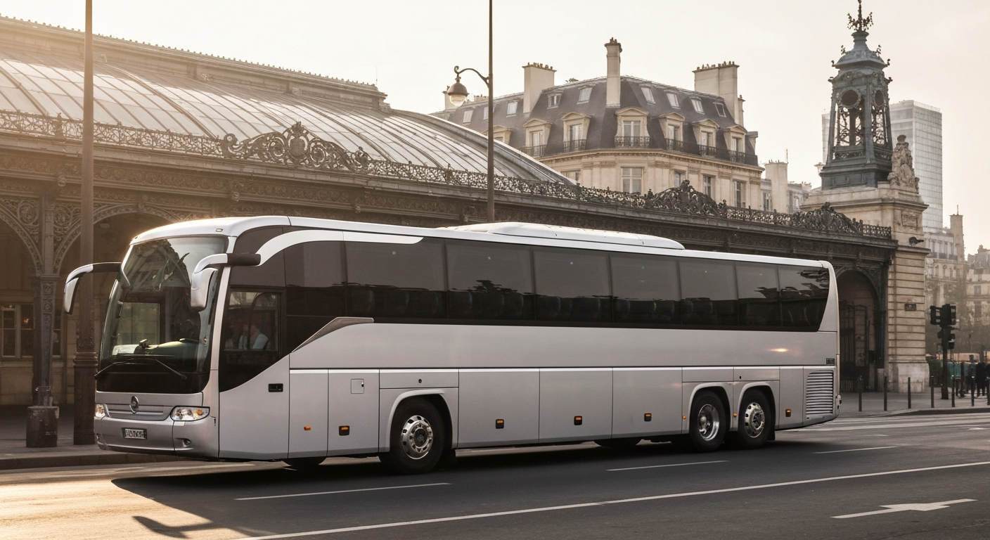 Autocar de groupe au départ d'une grande gare parisienne pour un transfert vers Disneyland Paris