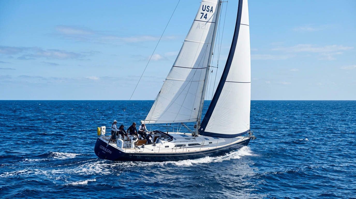 Voilier naviguant en mer ouverte toutes voiles dehors, illustrant la durée et la distance d'une mission de convoyage de bateau