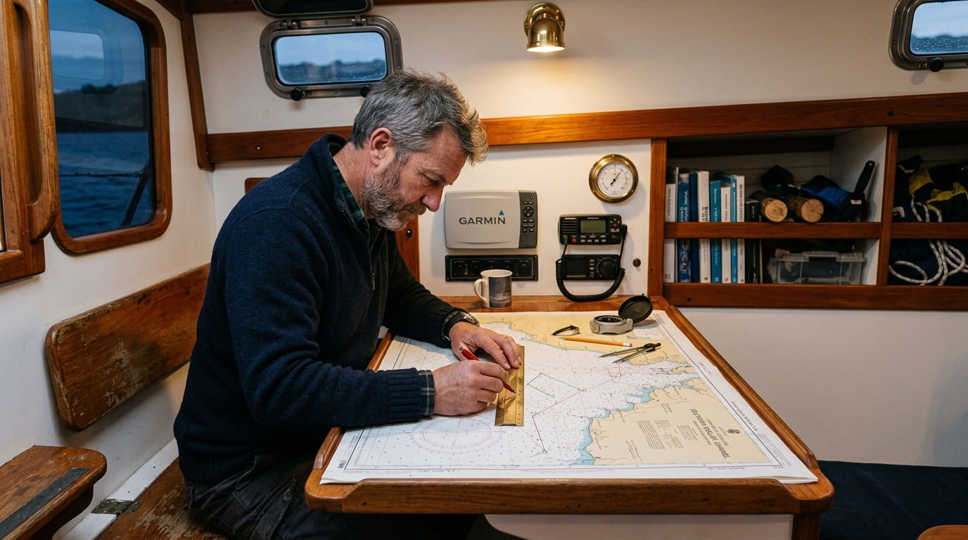 Skipper convoyeur qui étudie une carte nautique à bord d'un bateau, illustrant les étapes de préparation d'une mission de convoyage