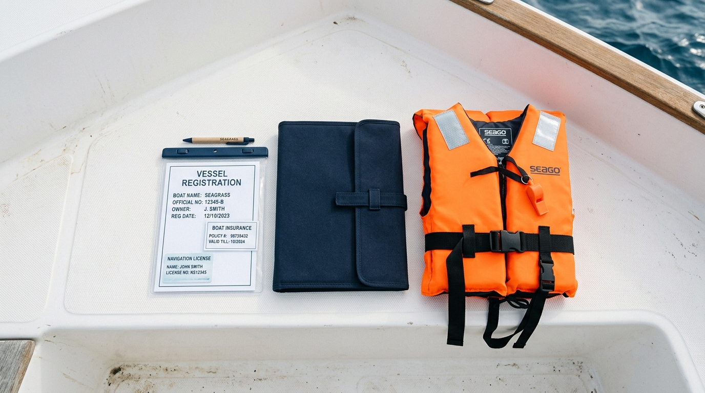 Documents officiels et équipement de sécurité posés à bord d'un bateau, représentant la préparation du propriétaire avant de faire convoyer son bateau