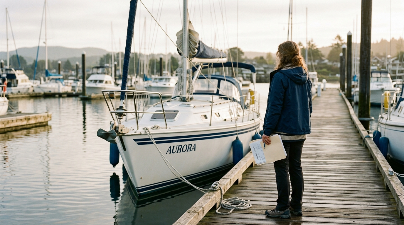 Propriétaire de bateau préparant les documents nécessaires avant de confier son voilier à un skipper pour un convoyage