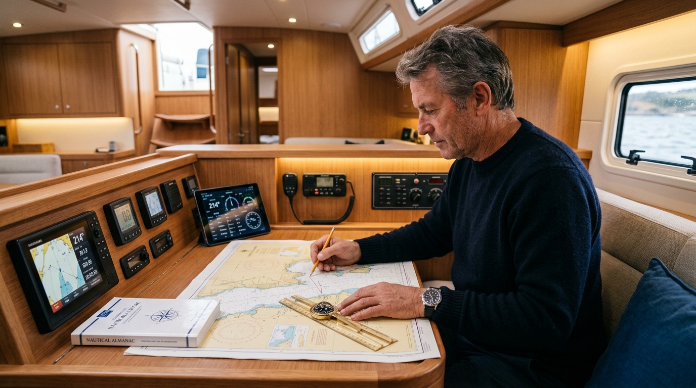 Skipper de convoyage consultant une carte nautique à bord d'un voilier pour planifier un trajet en mer