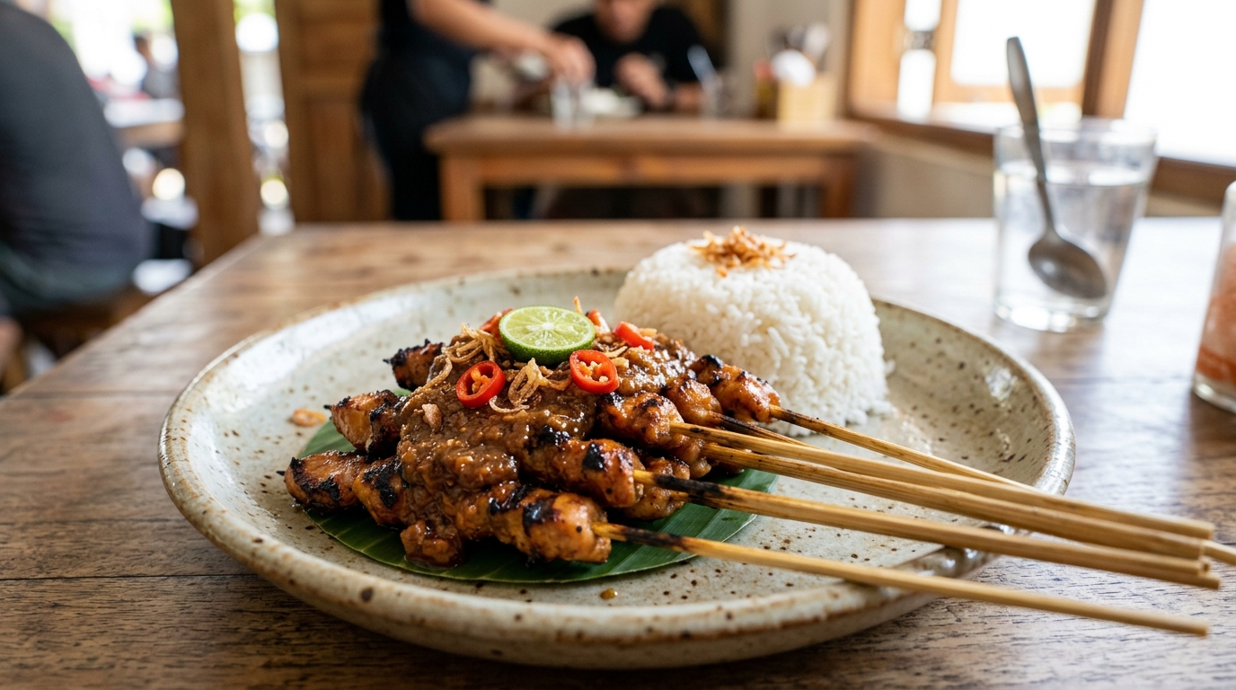 Freshly grilled sate skewers with peanut sauce at an affordable halal restoran Yogyakarta