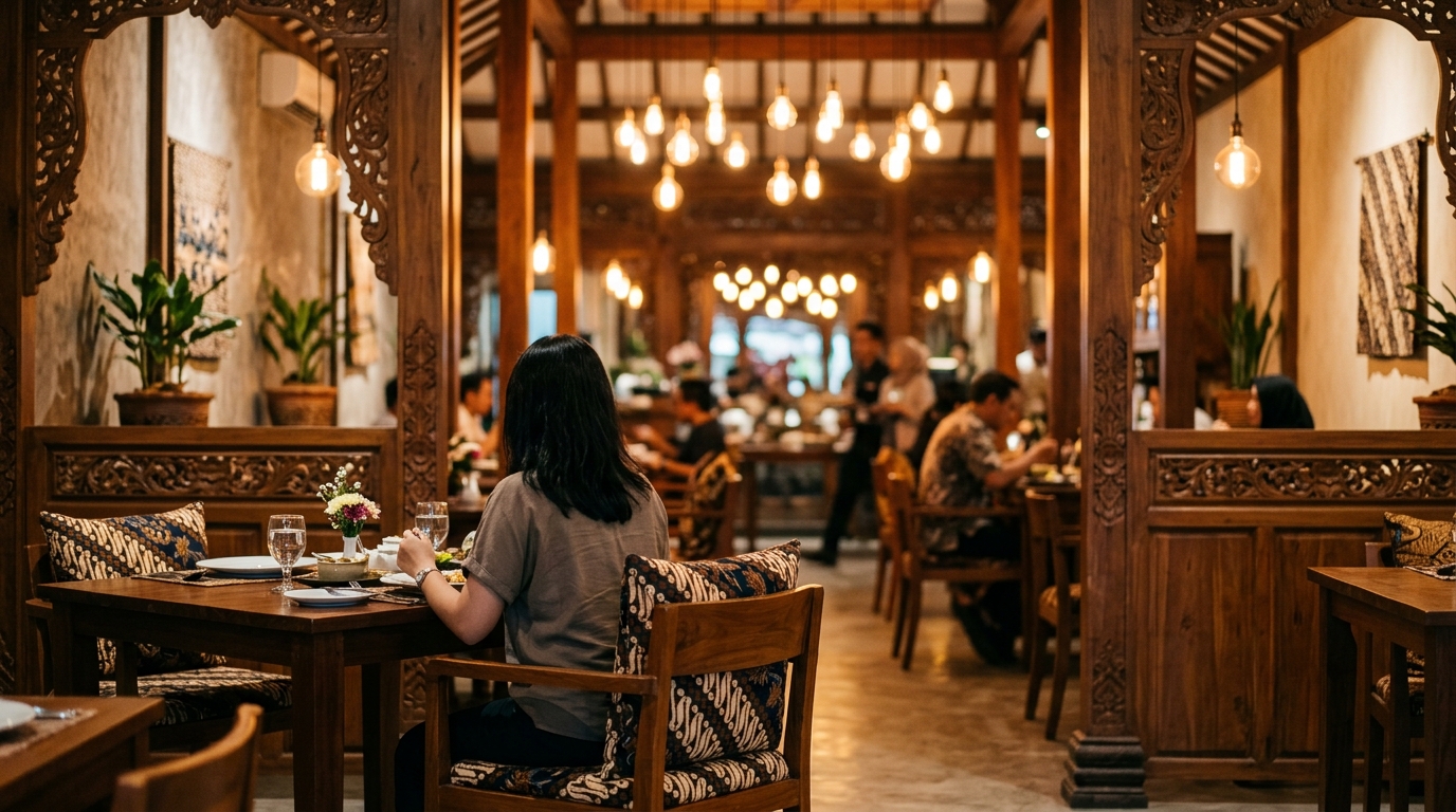 Stylish modern restaurant interior in Yogyakarta with Javanese cultural decor and warm ambient lighting