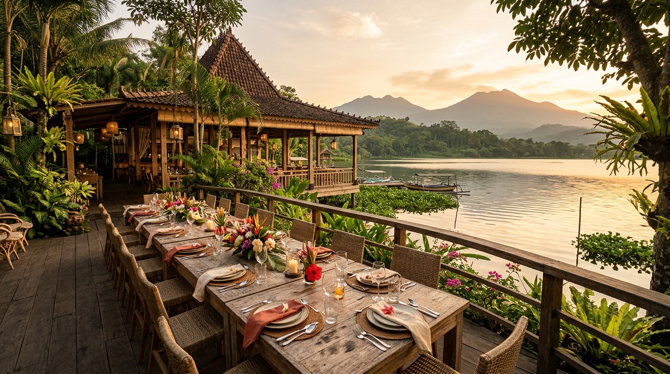 Spacious lakeside restaurant in Yogyakarta with a large group dining table set outdoors surrounded by greenery