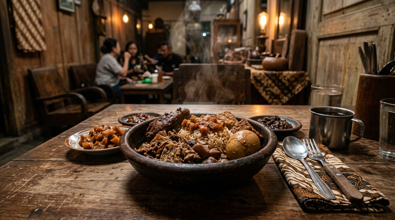 Steaming bowl of traditional gudeg served at a legendary restoran Yogyakarta with rustic heritage ambiance