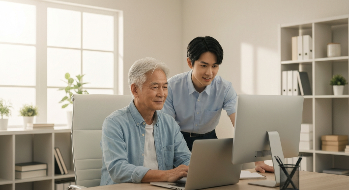 Technicien informatique spécialisé aidant patiemment un client