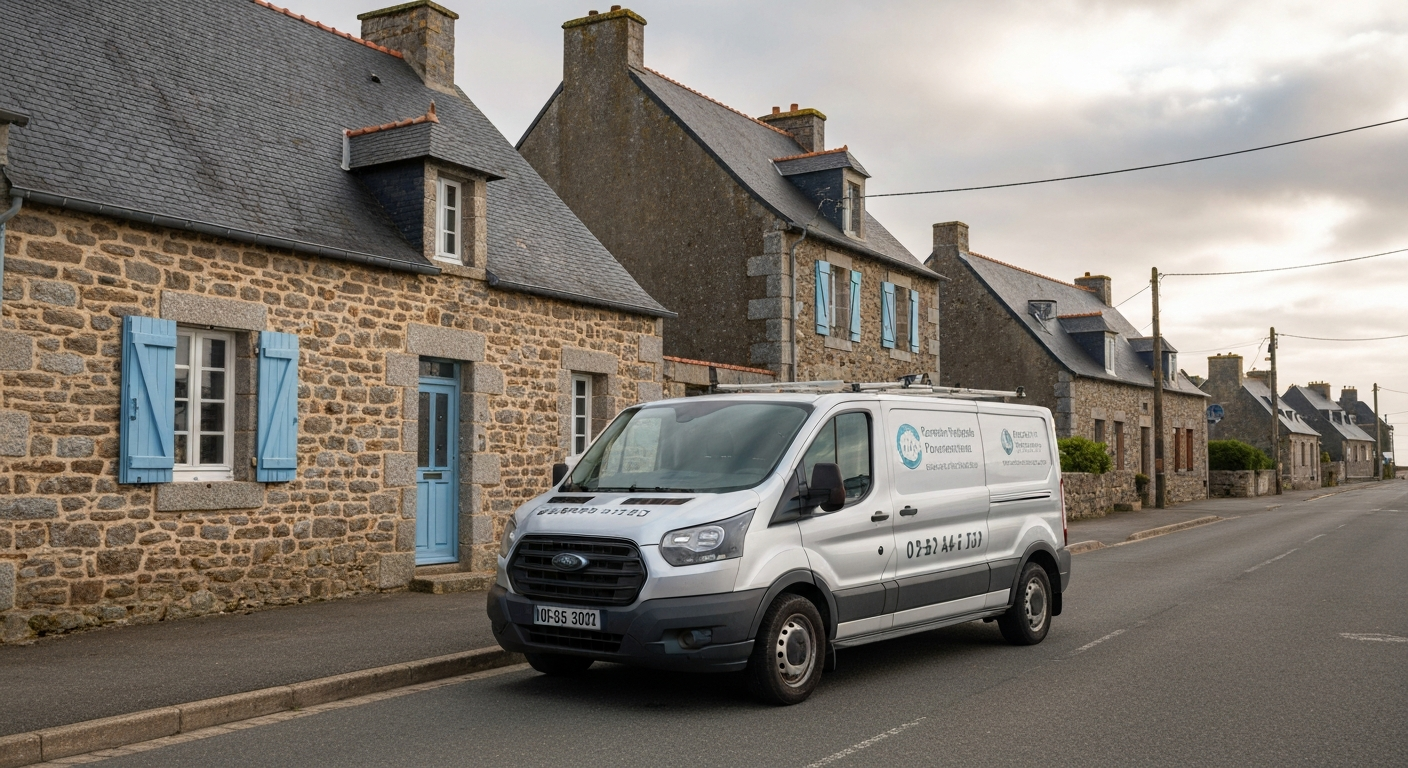Véhicule de dépannage informatique local garé dans une rue de la Côte d'Émeraude près de Dinard