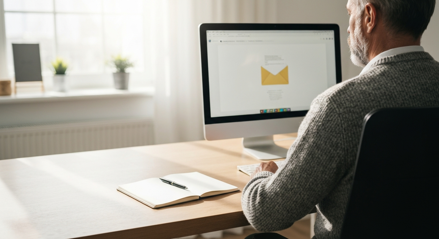 Personne senior apprenant à utiliser sa messagerie électronique avec assistance personnalisée à domicile