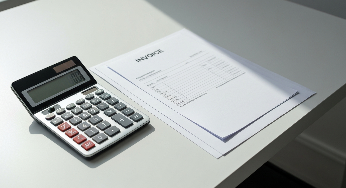 Calculatrice et factures sur un bureau pour illustrer les tarifs de dépannage informatique