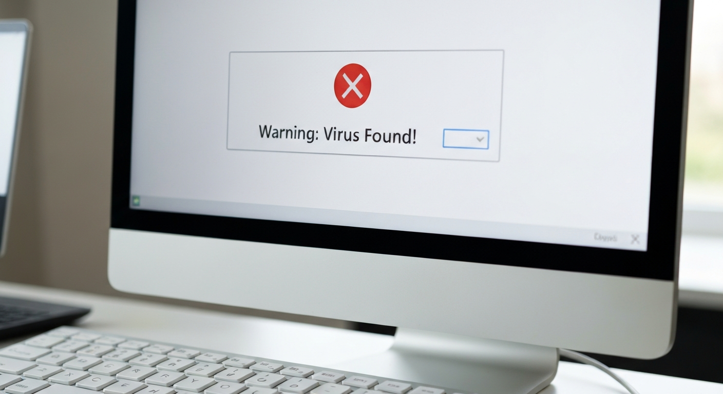 Écran d'ordinateur affichant une alerte de virus, illustrant les problèmes de sécurité informatique fréquents à Saint-Jouan-des-Guérets