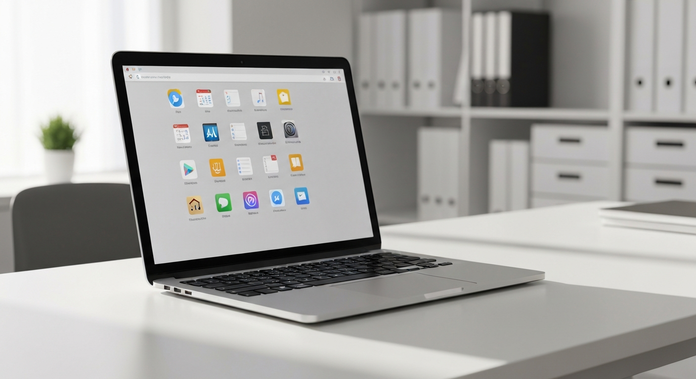 Ordinateur portable ouvert sur un bureau montrant un écran d'accueil avec des applications, représentant les services de dépannage informatique
