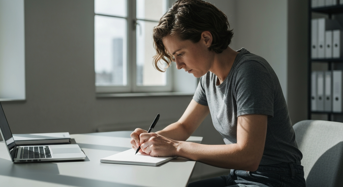 Personne prenant des notes sur un carnet près d'un ordinateur portable, illustrant la préparation d'une intervention informatique