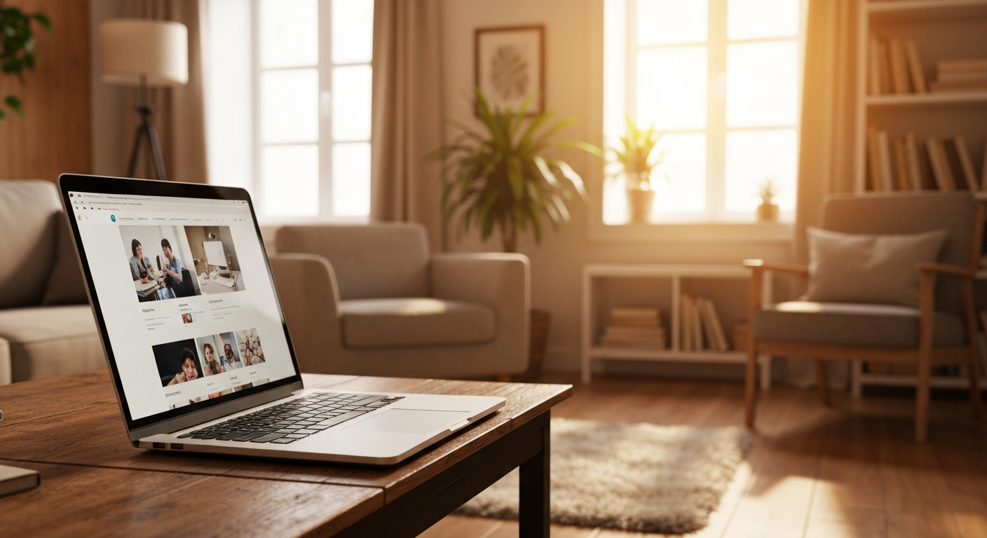 Ordinateur portable ouvert dans un salon chaleureux illustrant l'assistance informatique à domicile
