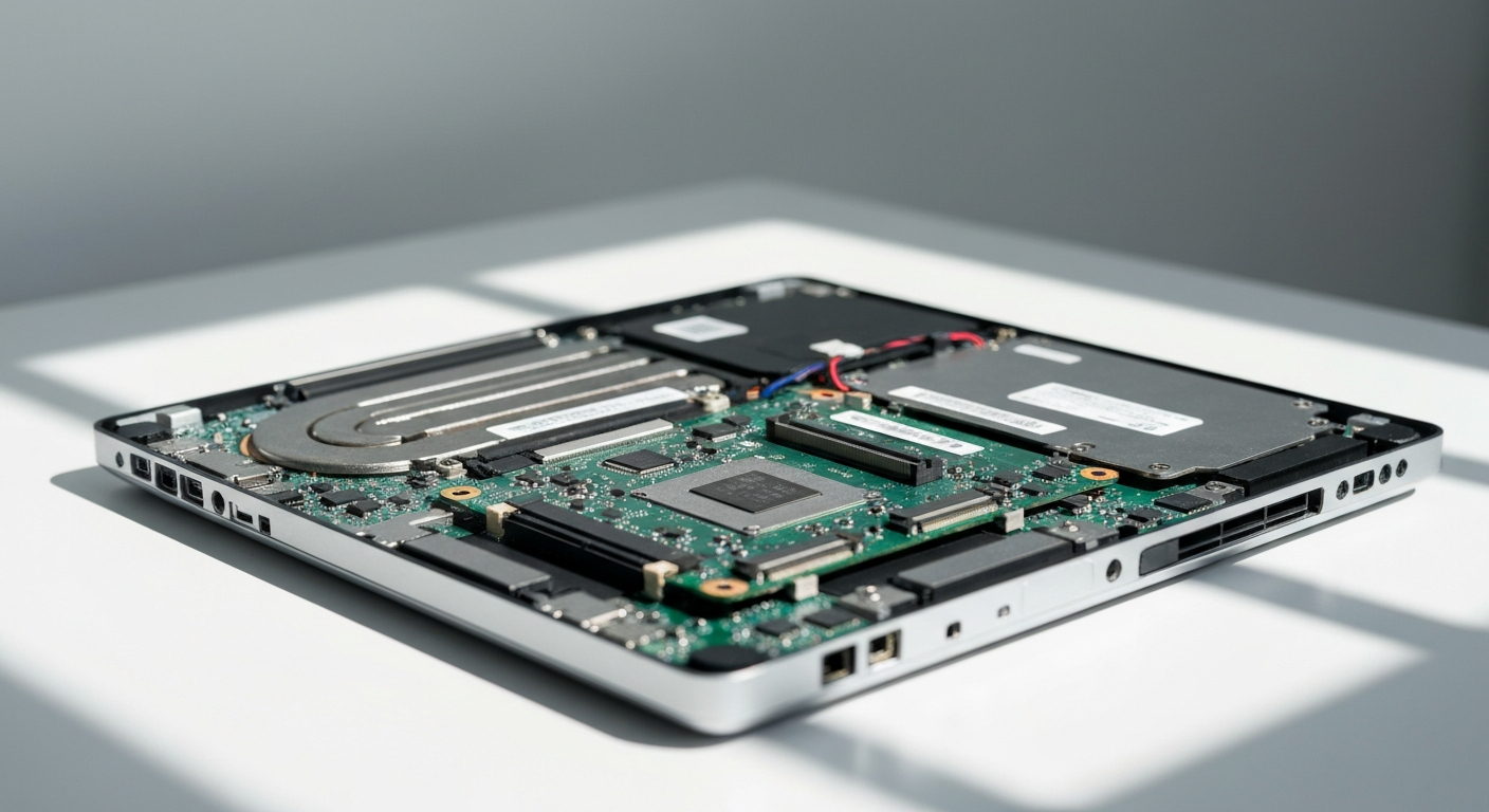 Ordinateur portable ouvert montrant les composants internes pour une réparation informatique