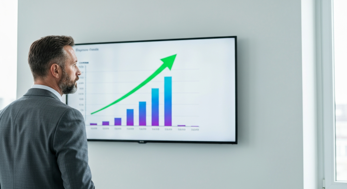 Professionnel consultant un graphique de croissance ascendante sur écran mural dans un bureau moderne