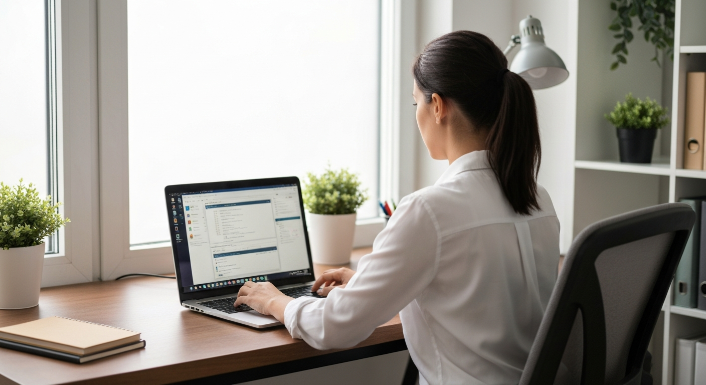 Technicien informatique intervenant à domicile sur un ordinateur de bureau dans un environnement de travail épuré