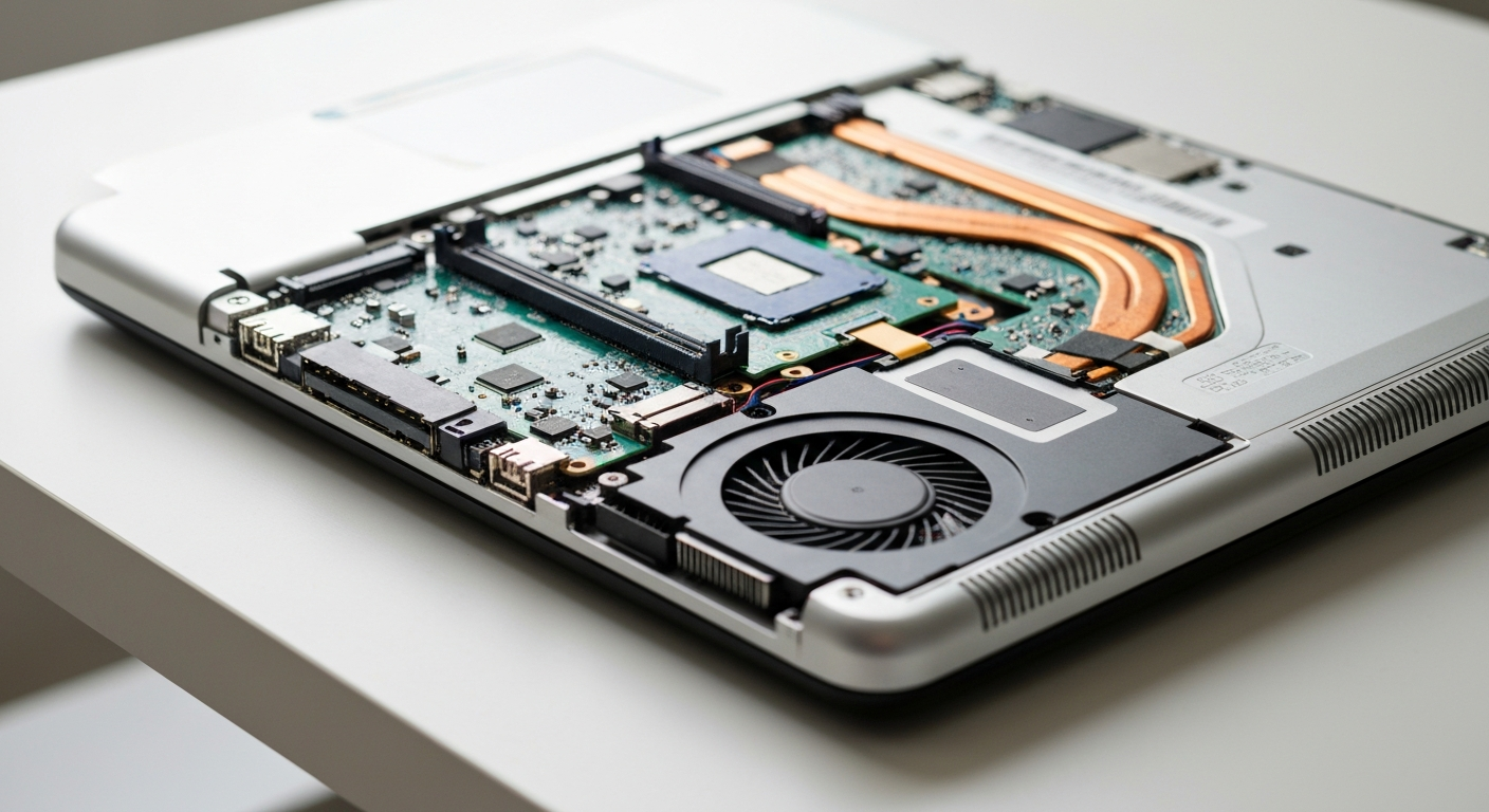 Ordinateur portable ouvert montrant les composants internes lors d'une réparation informatique