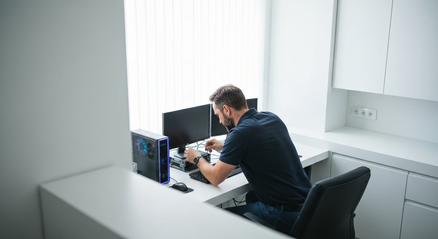 Technicien informatique intervenant à domicile pour réparer un ordinateur de bureau