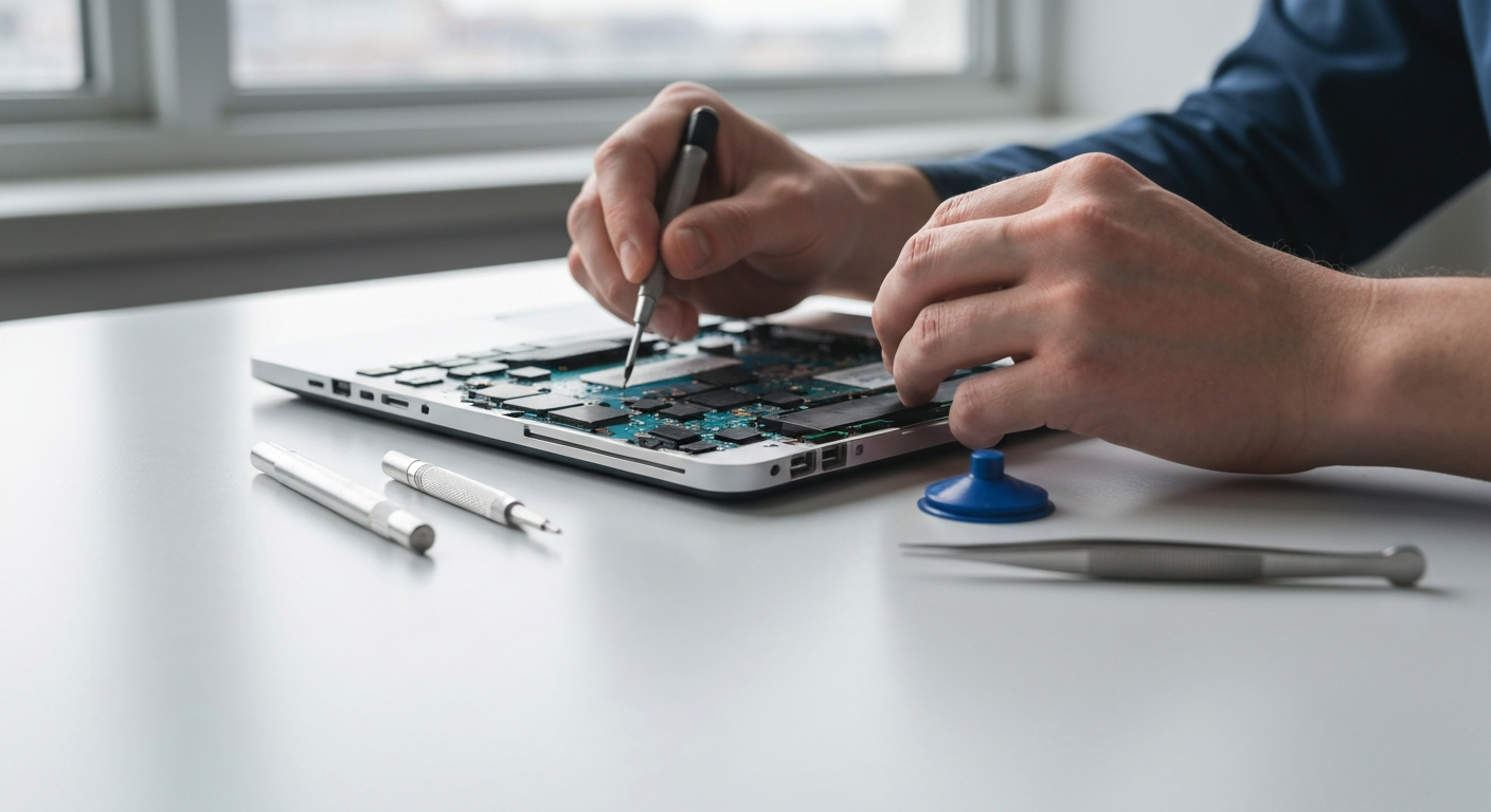 Technicien réparant un ordinateur portable avec des outils professionnels sur un bureau propre