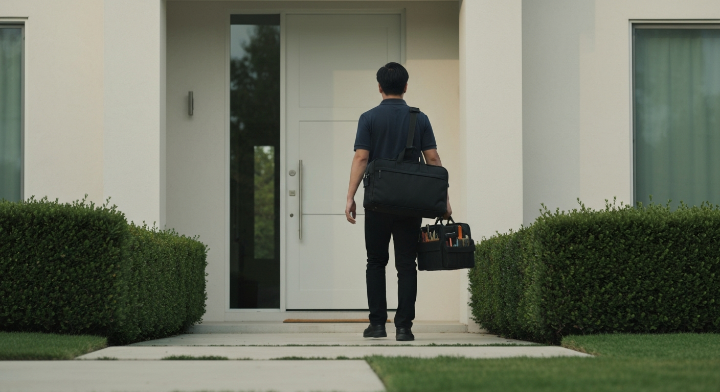 Technicien informatique arrivant au domicile d'un client avec son équipement de réparation