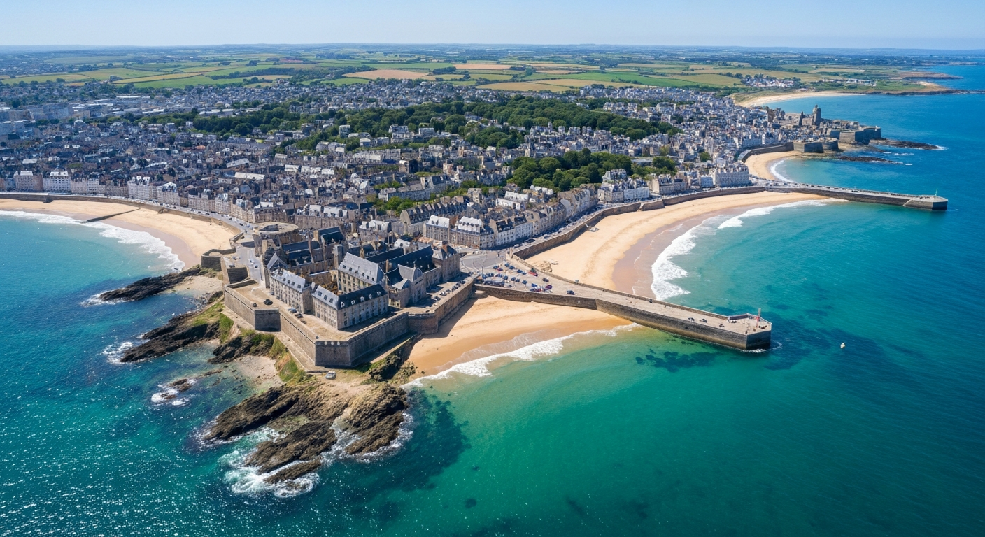 Vue aérienne de la Côte d'Émeraude avec Saint-Malo et les communes environnantes desservies pour la réparation informatique