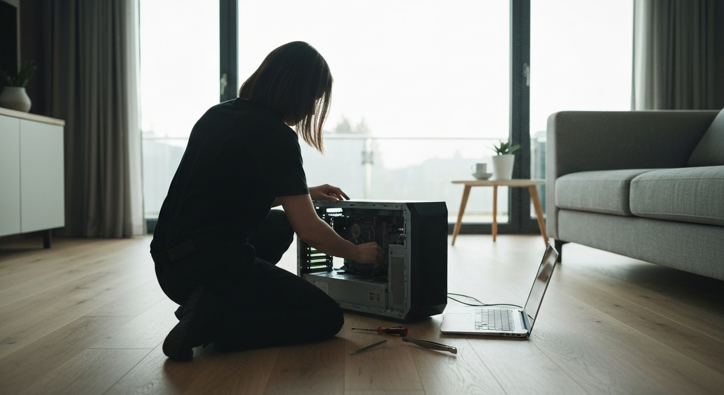 Technicien informatique intervenant à domicile pour la réparation d'un ordinateur, illustrant le service de maintenance à domicile