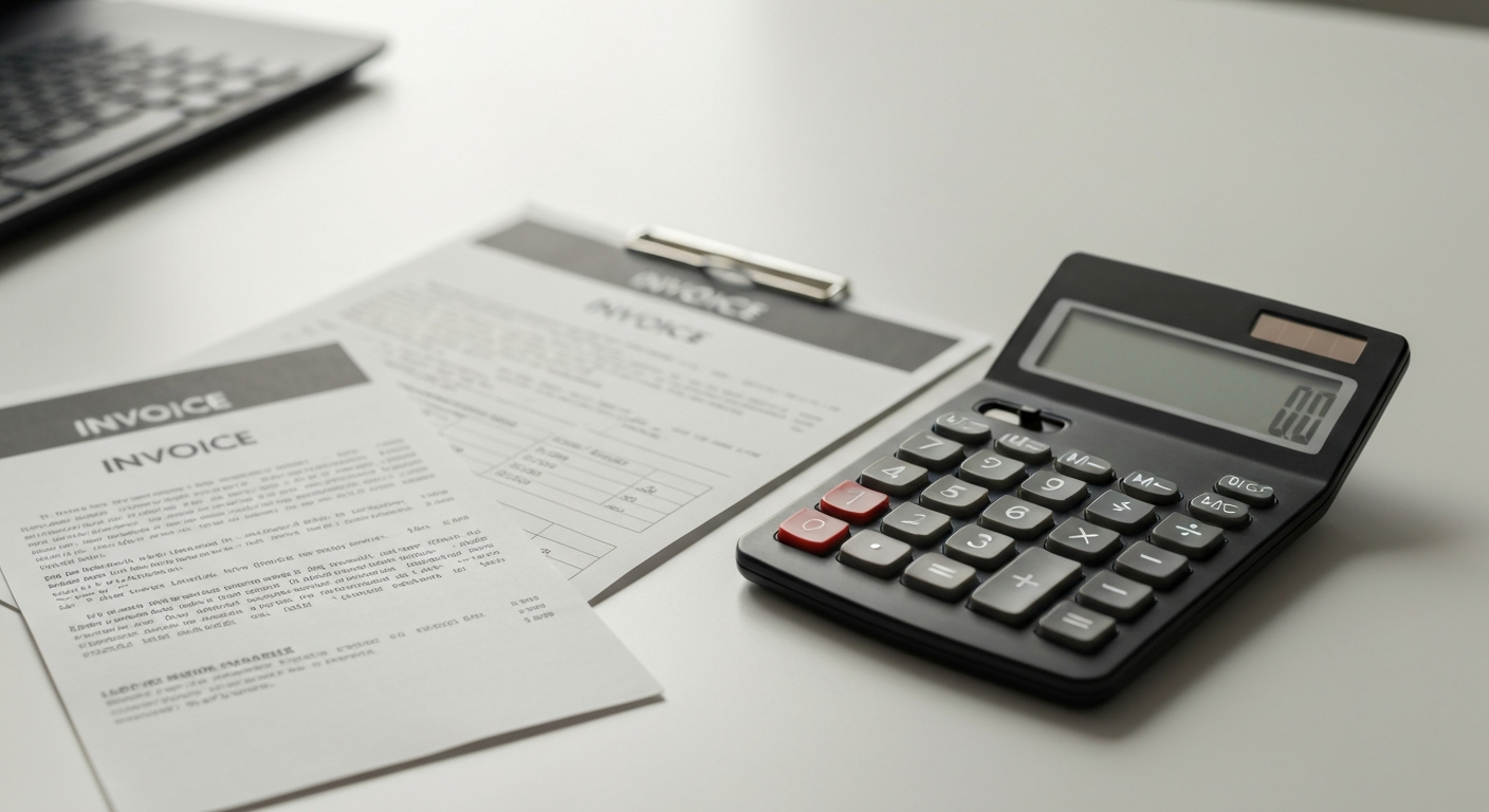 Calculatrice et documents de facturation illustrant les tarifs transparents pour la réparation d'ordinateurs à domicile à Cancale