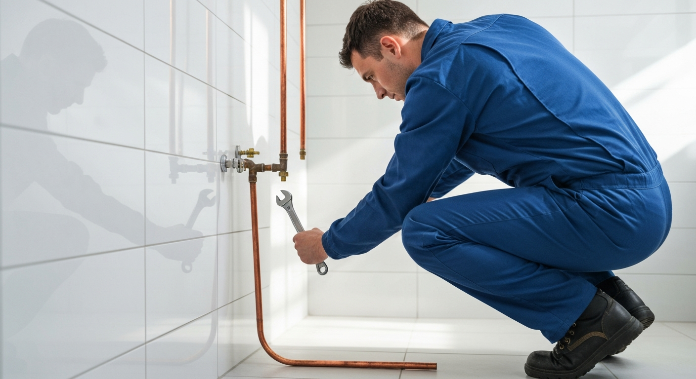 Plombier professionnel en intervention d'urgence réparant une canalisation dans une salle de bains moderne