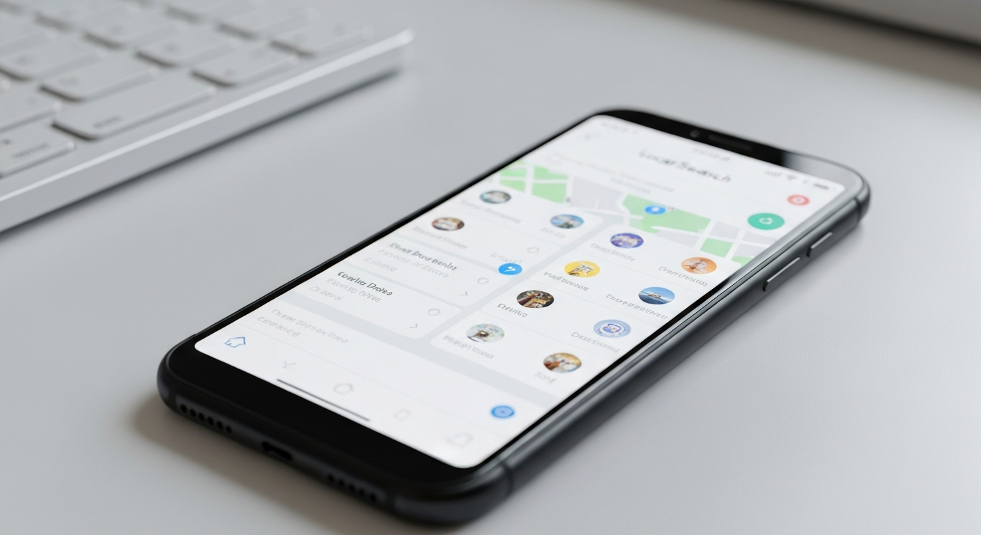 Smartphone affichant des résultats de recherche locale pour services de plomberie géolocalisés