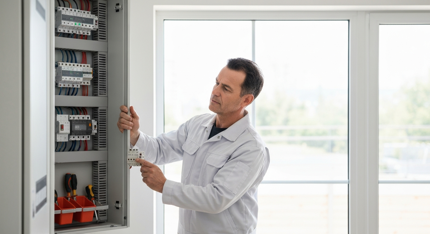 Électricien professionnel en intervention sur tableau électrique résidentiel, vue de dos montrant l'expertise métier