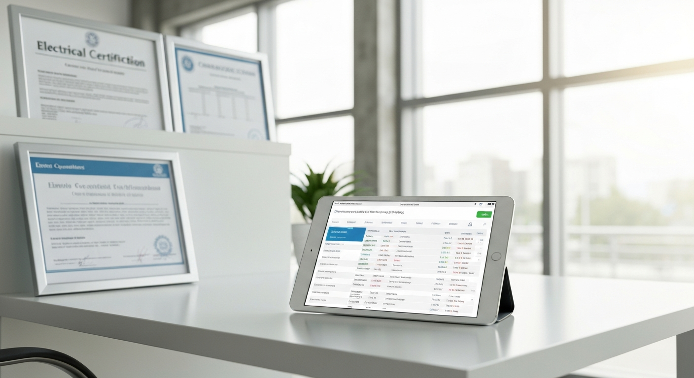 Tablette professionnelle affichant un système de gestion d'interventions électriques avec certifications Qualifelec en arrière-plan